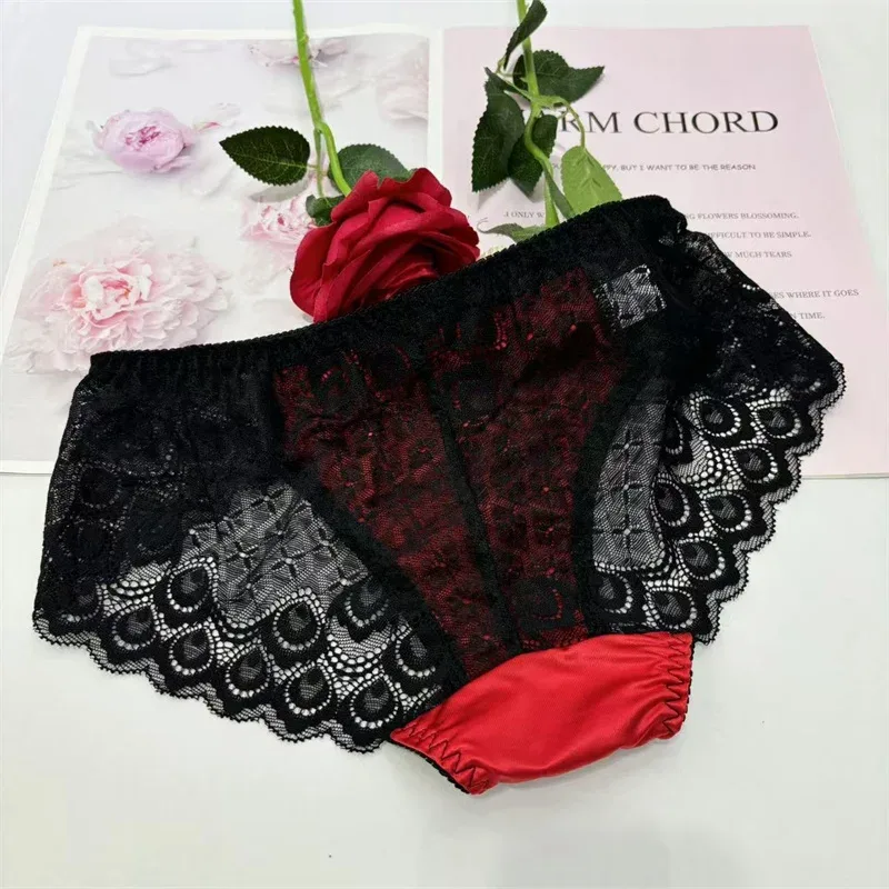 Sexy men underwear elasticity smooth underpants Transparent, breathable, Red lace Men's Briefs — image 2