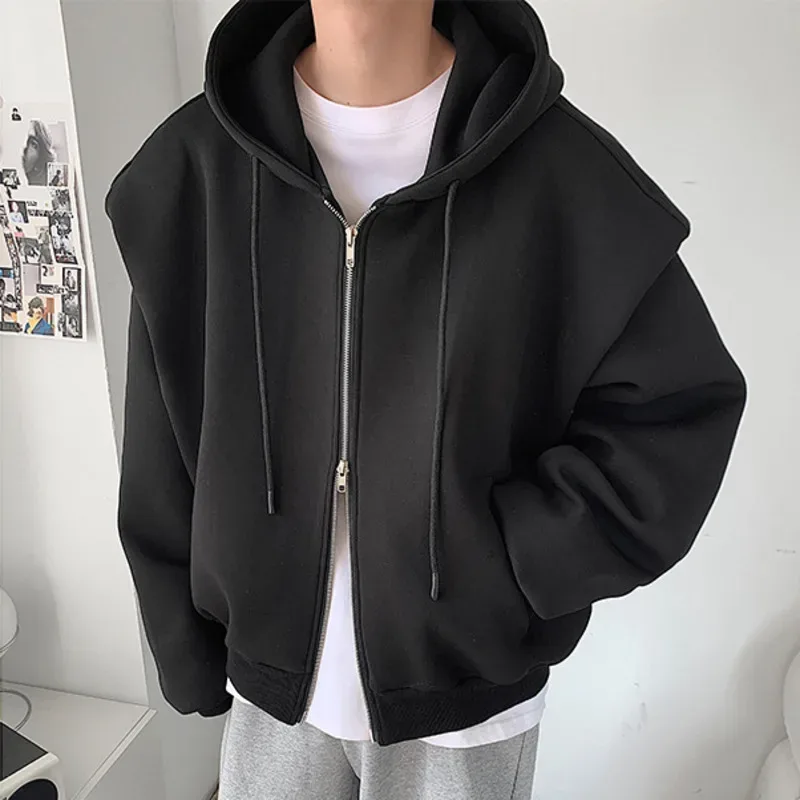 2024 Autumn New Padded Shoulder Design Solid Streetwear Men Double Zip-up Hooded Sweatshirts Harajuku Casual Daily Hoodies — image 6