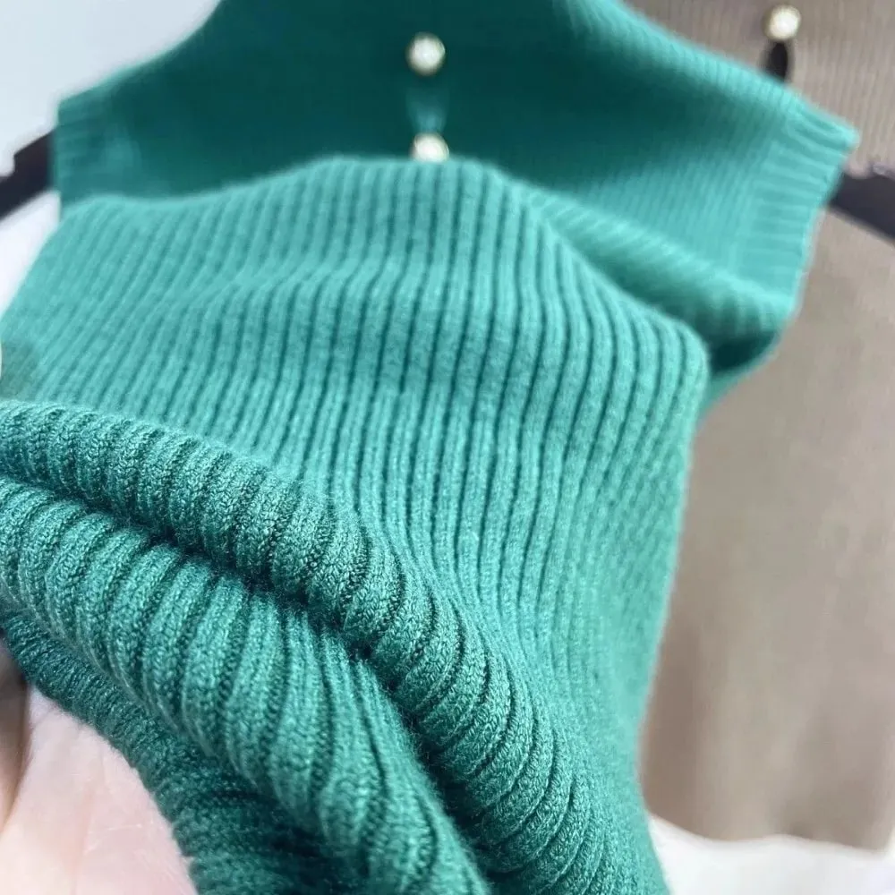 Rompi Rajut Warna Solid Elegan Kaus Pelangsing Tanpa Lengan T-Shirt Tank Top Setengah Turtleneck Wanita — image 6