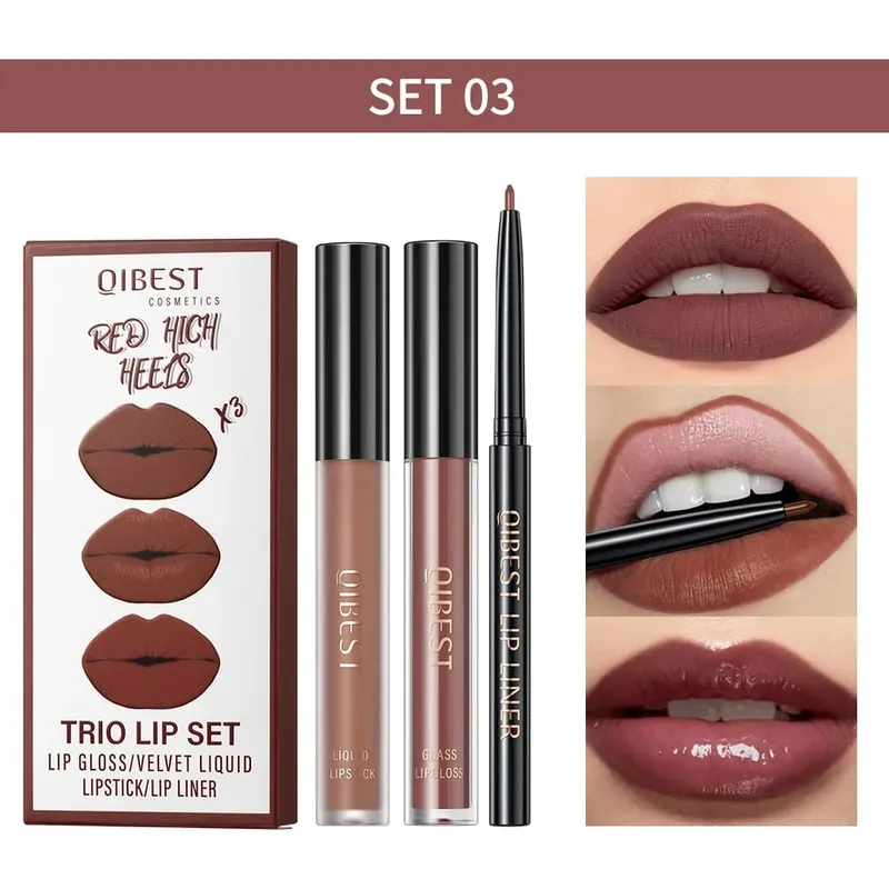 Lipstik Cair Matte & Lip Liner & Lip Gloss 3 Buah Set Kit Kosmetik Pewarna Bibir Merah Hitam Ungu Tahan Lama Anti Lengket — image 12