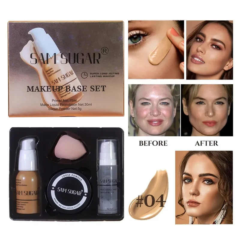 Makeup Base Sæt med 15ml Primer 30ml Matte Foundation 5g Løs Powder Puff For Glat Fejlfri Hud Longwear — image 10