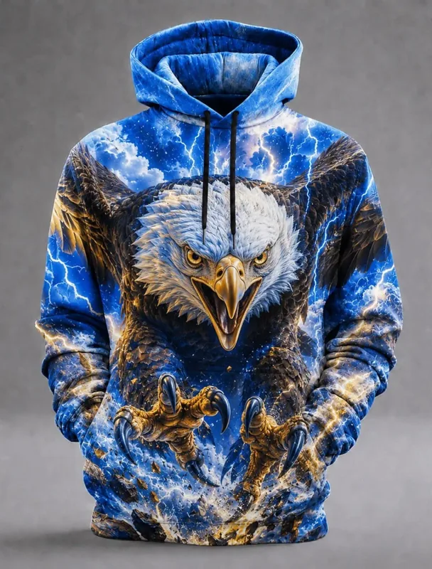 Men's Eagle 3D Printed Hoodie, Lightning Storm Eagle Graphic Sweatshirt, All Over Print Long Sleeve Pullover Streetwear — image 3