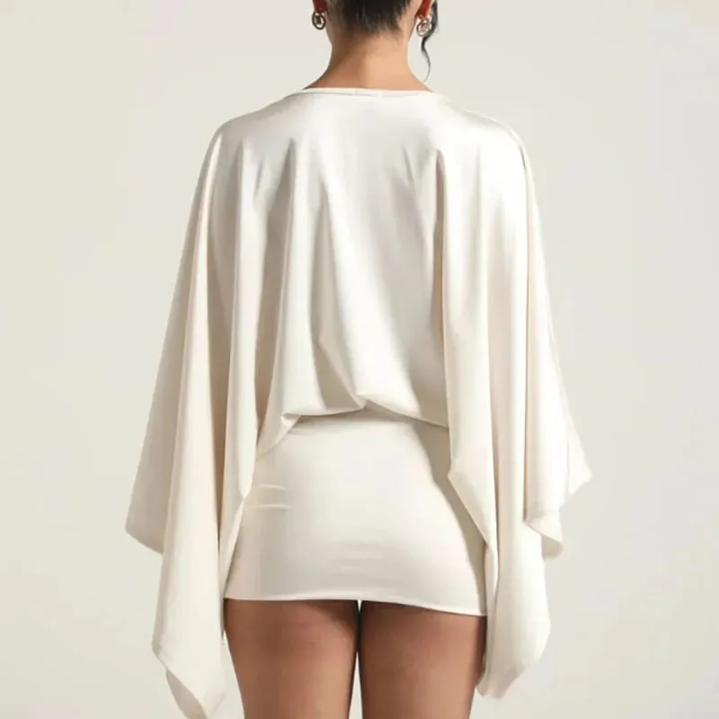 Yeni Sonbahar Şık Derin V Yaka Boho Elbise Retro Katı Eklenmiş Parlama Kollu Balo Elbise Bahar Kadın Kulübü Zarif Slim Fit Mini Elbise — image 4