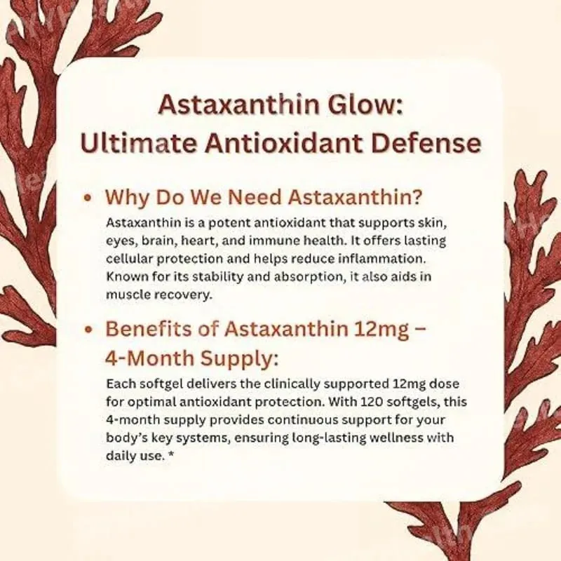 Astaxanthin 12mg Softgels From Plant-Based Microalgae with MCT Oil Dietary Supplement