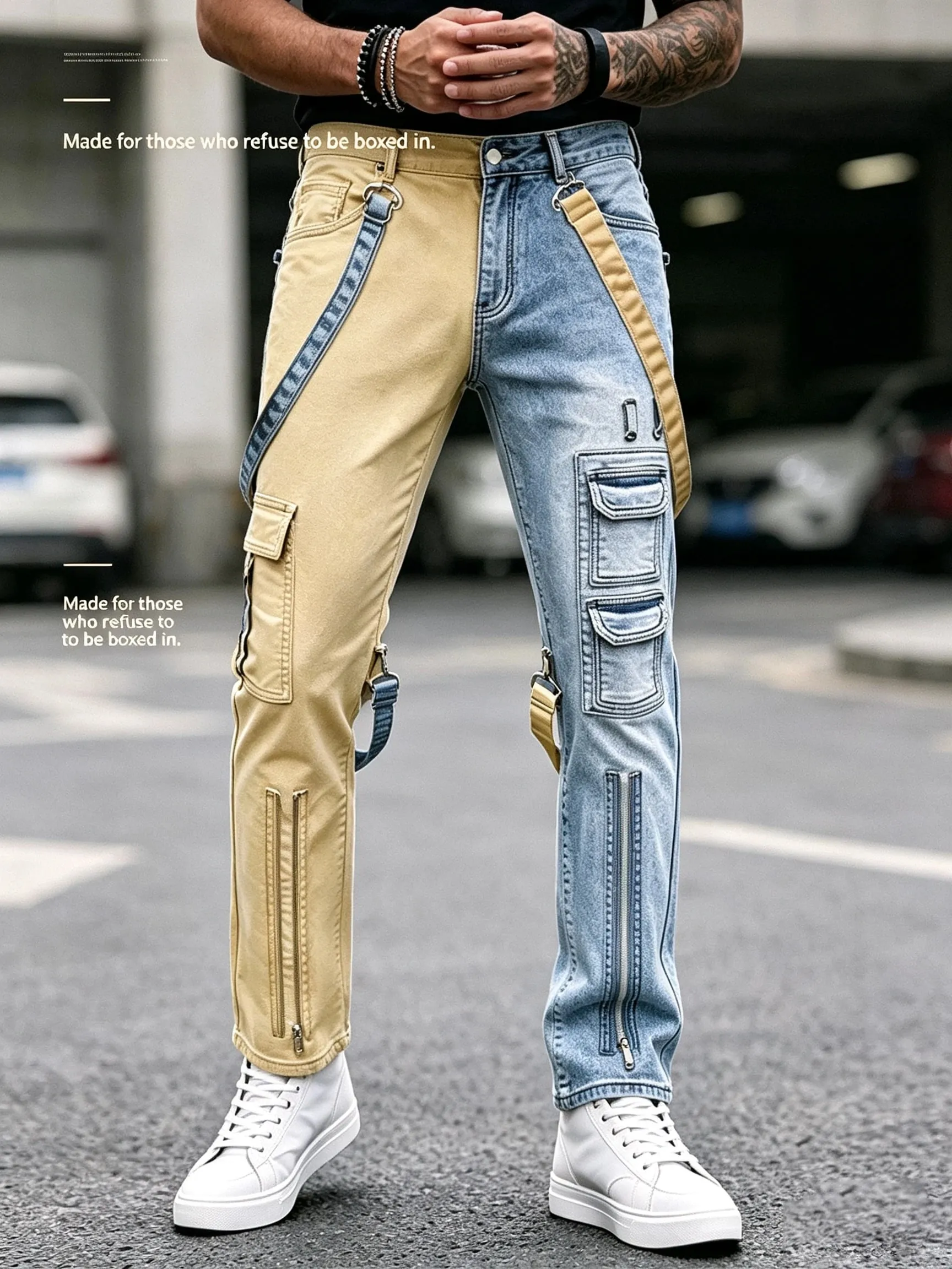Y2K-Jeans für Herren, Techwear, Retro-Cargohose, ausgestellte Bootcut-Jeans, Kontrastfarbe, Spleißriemen, Streetwear-Denim-Hose — image 1