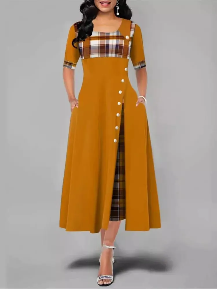 ผู้หญิงไม่สม่ำเสมอ Lattice Patchwork ชุดเดรสยาวปุ่มวินเทจ O คอครึ่งแขน Casual Lady เดินทางชุดแฟชั่น — image 3