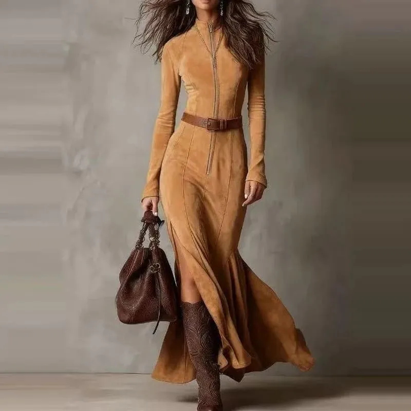 Gaun Pesta Suede Lengan Panjang Leher-o Kasual Gaun Panjang Ramping Solid Belah Samping Elegan Gaun Maxi Wanita dengan Ikat Pinggang — image 5