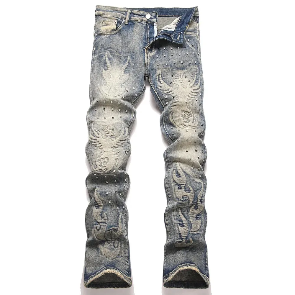 Men's Vintage Bootcut Denim Jeans Streetwear Embossed Totem Pattern Pants Retro Blue Stretch Spandex Slim Flared Trousers