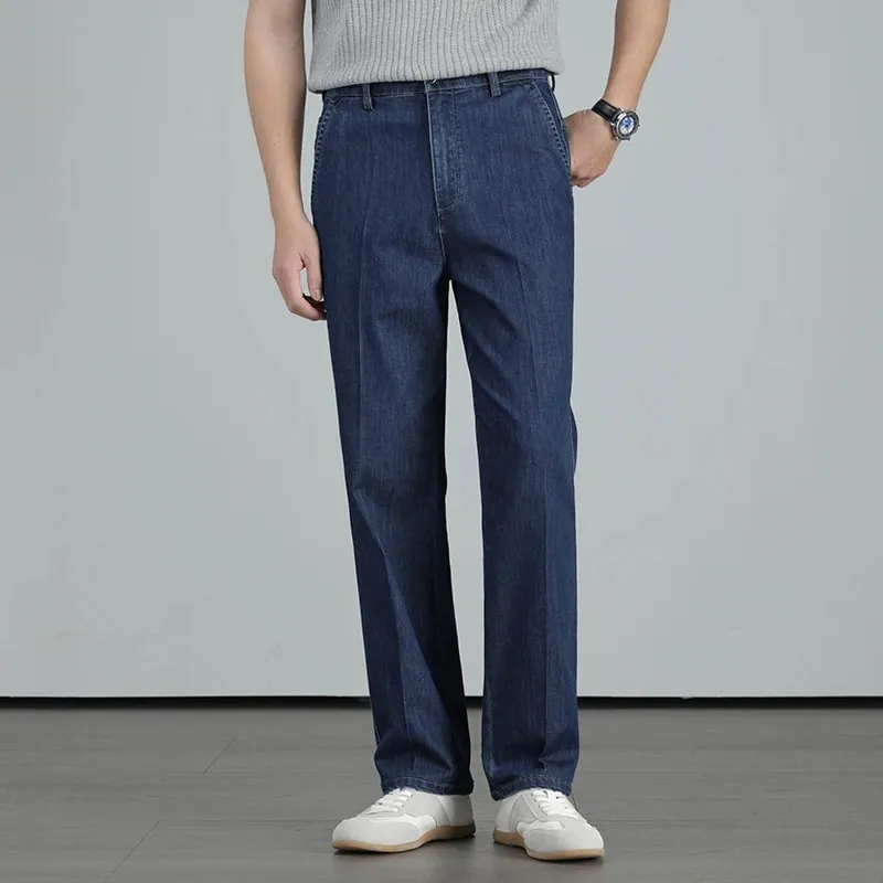 Musim Panas 2026 Pakaian Berkualiti Tinggi Lelaki Seluar Jeans Lurus Ringan Sutera Lyocell Perniagaan Kasual Seluar Nipis Denim