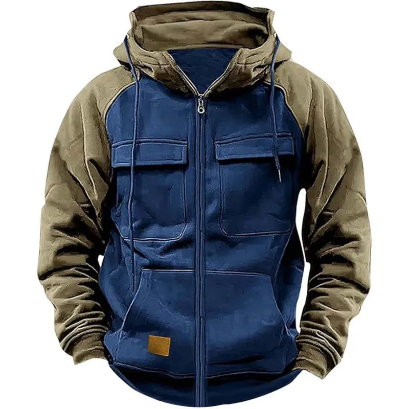 Lelaki Zipper Patchwork Sweatshirt Hangat Fleece Fesyen Berbilang Poket Lelaki Kasual Zip Up Jaket Musim Gugur Musim Sejuk Luar Taktik Hoodie — image 4