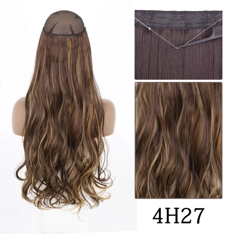 Estensioni dei capelli sintetiche senza clip regolabili con linea di pesce, parrucchino naturale biondo marrone ondulato lungo resistente al calore per le donne — image 10