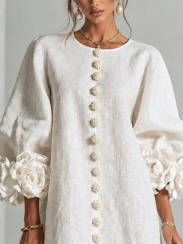 Frauen Frühling Herbst 3D Blume Lange Laterne Hülse Baumwolle Leinen Mini Kleid Solide Crew Neck Lose Elegante Tägliche Tragen Kurze kleid — image 8