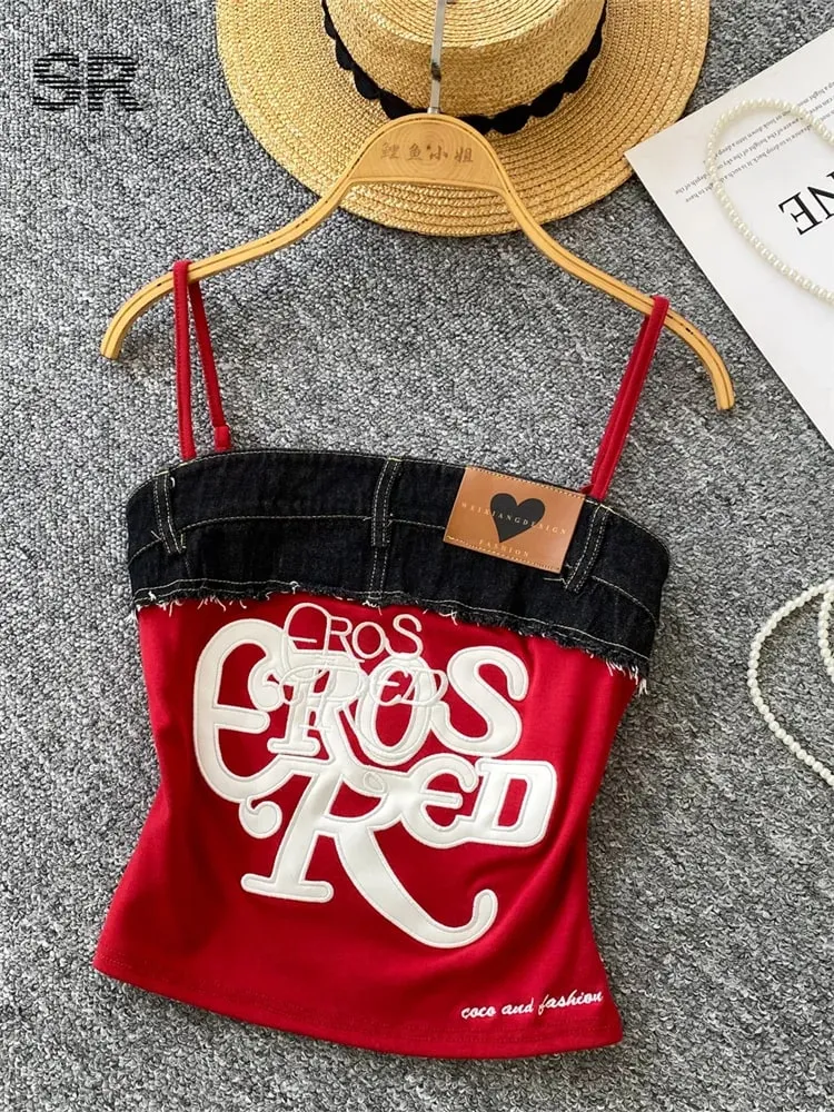 American Retro Y2k Strap Tops Letter Embroidery Denim Patchwork Fashion Design Women Hotsweet Streetwear Slim Crop Top