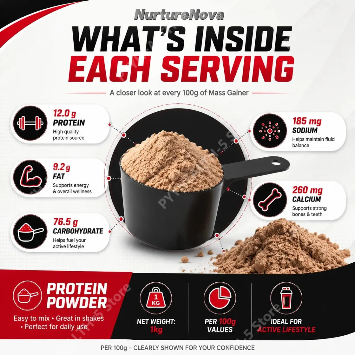 Mass Gainer Protein Powder NurtureNova New Formula High Protein for Muscle Building Support Sports Nutrition Supplement 1kg — image 5