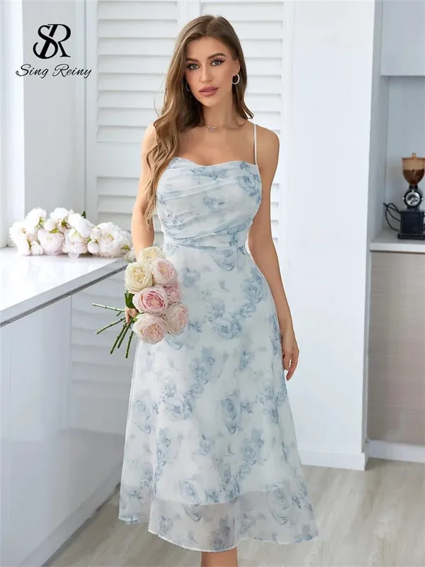 Women Floral Spaghetti Strap Dress Elastic Ruched Sexy Hollow Backless Party Dress Summer Boho Vacation Beach Sundress — image 5