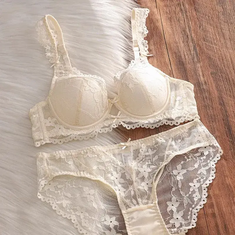 Set Bra Pakaian Dalam Renda Perancis Berwayar Dalam Cawan Nipis Sokongan Sisi Anti Kendur Seluar Dalam Wanita Mesra Payudara Penuh 32‑38AB