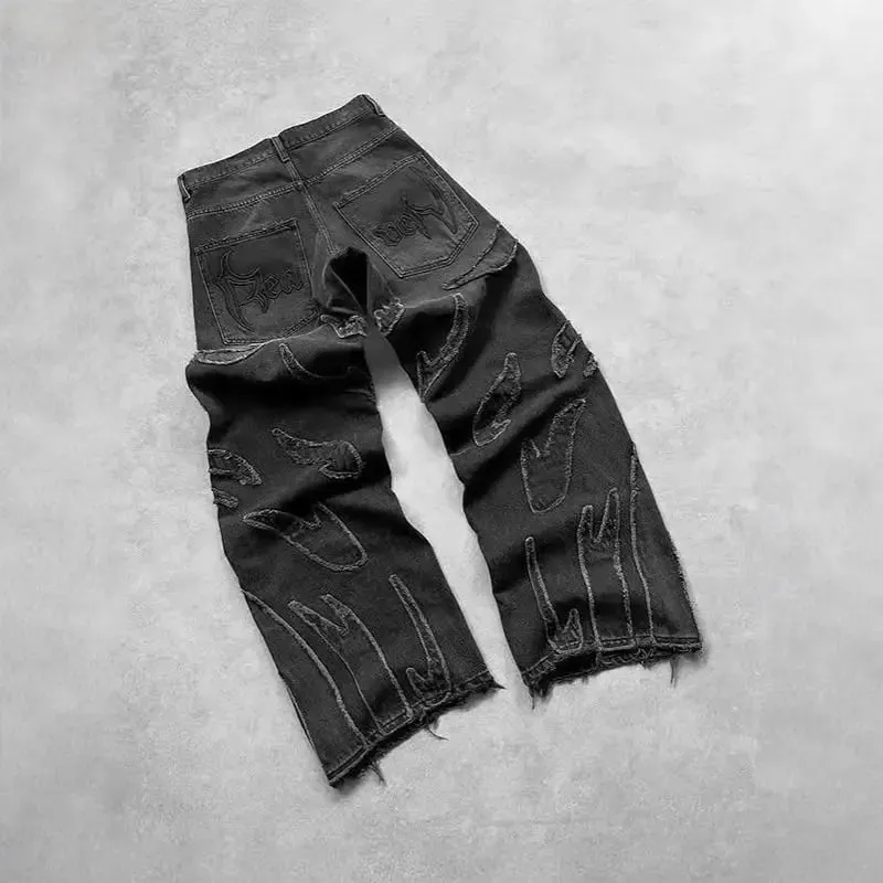 Jean à jambes larges en Denim noir, Streetwear, avec lettres surdimensionnées brodées et jean Baggy en détresse, pantalon gothique Hip Hop — image 3