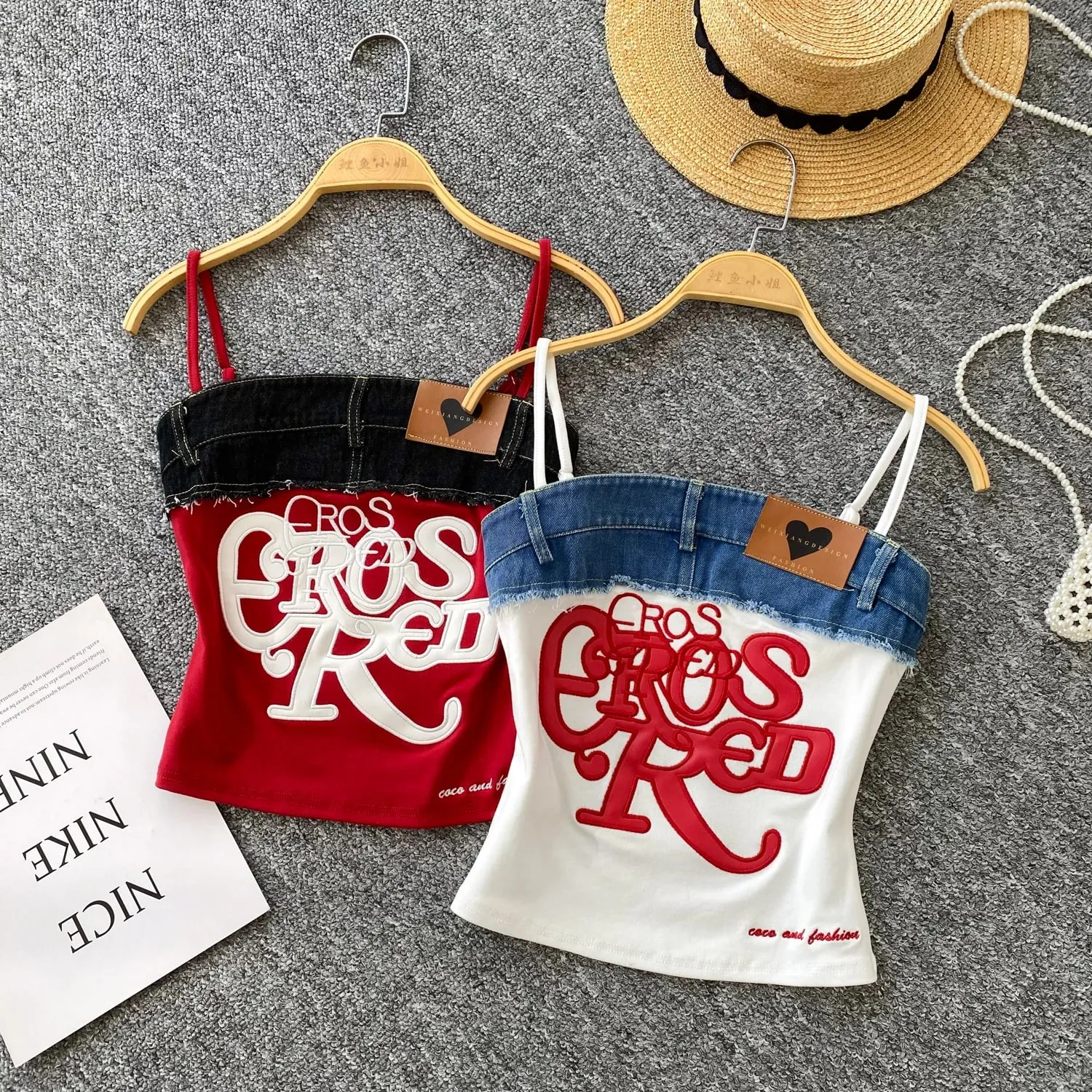 American Retro Y2k Strap Tops Letter Embroidery Denim Patchwork Fashion Design Women Hotsweet Streetwear Slim Crop Top — image 7
