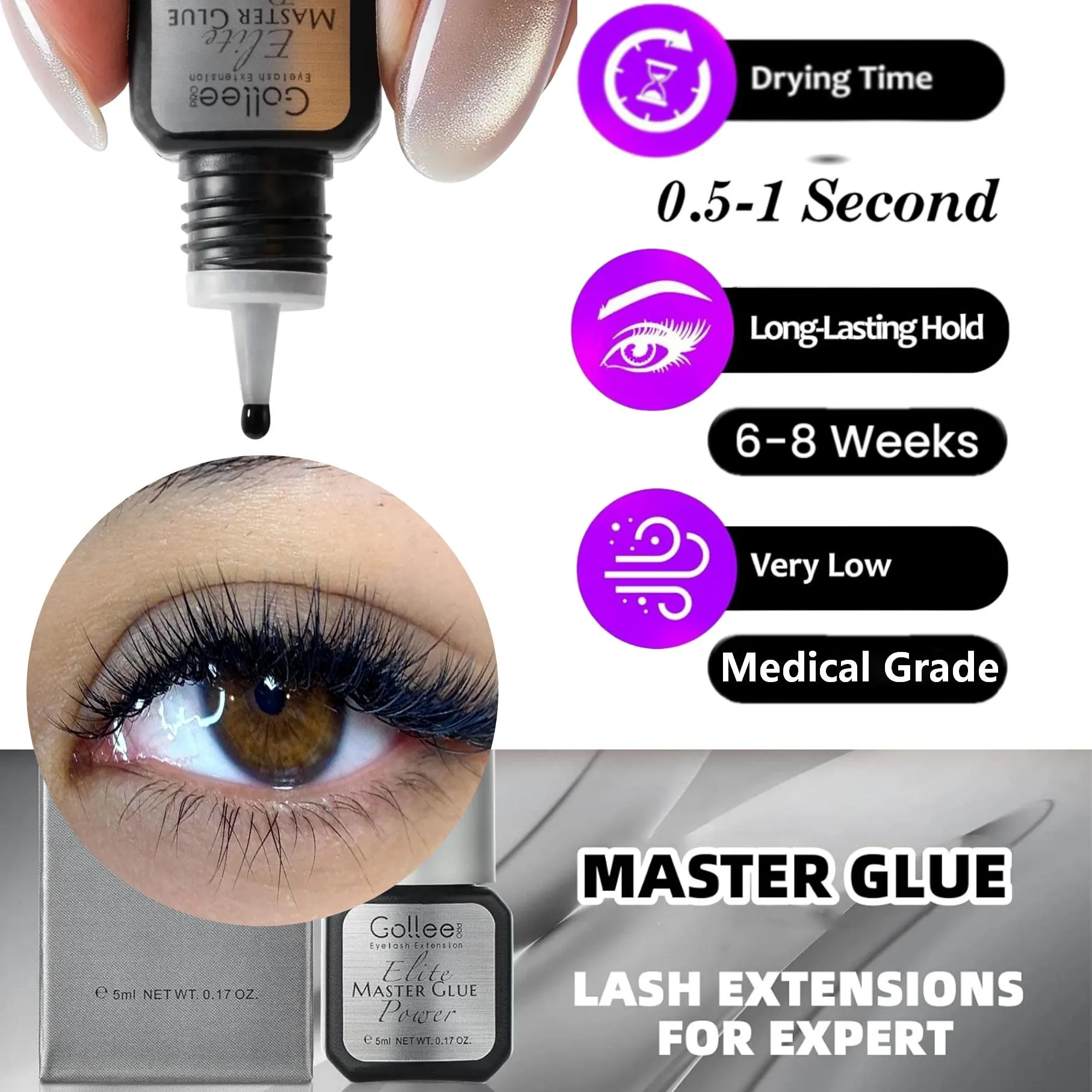 Gollee สำหรับ Master of Eyelash Grafting 0.5s แห้งเร็วการเก็บรักษา 6-8 สัปดาห์ Eyelash Extension กาวกันน้ำ Max Bonding — image 2
