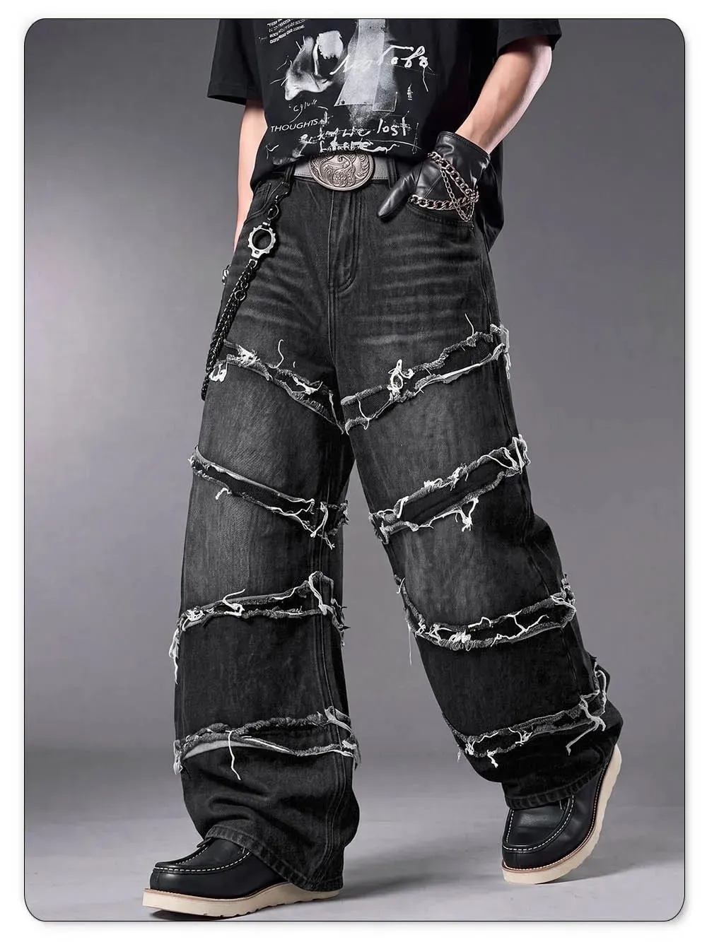 Gothic baggy jeans til mænd, rå flosset kant, dekonstrueret patchwork denimbukser med brede ben Y2K Punk Streetwear-bukser