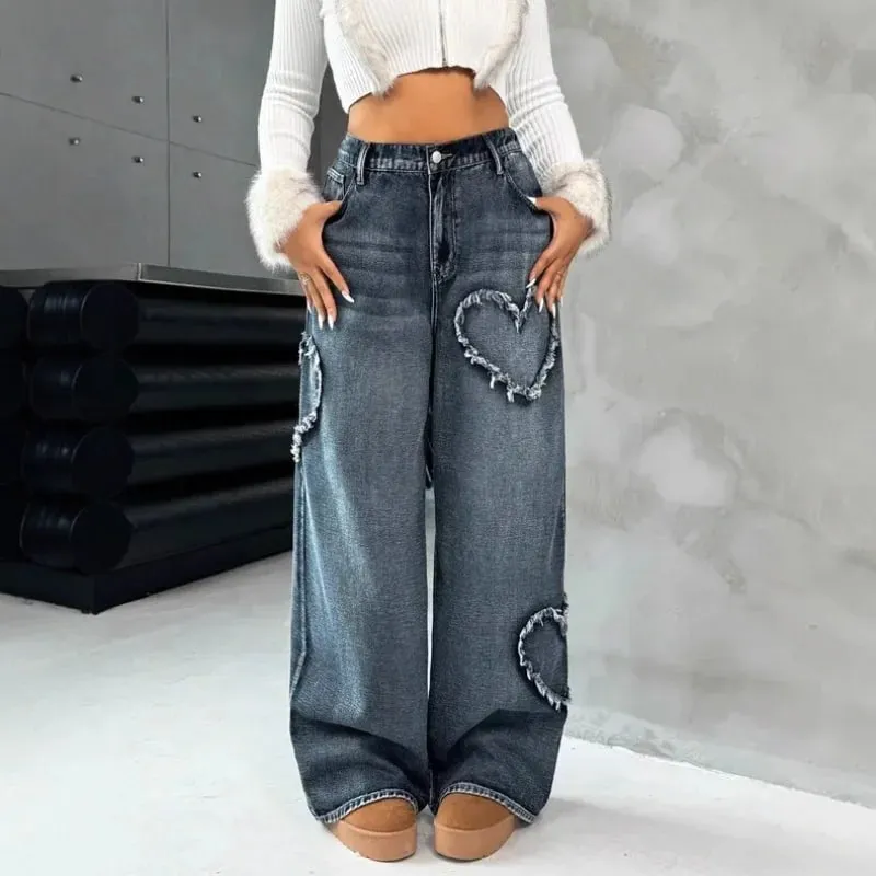 Jeans in denim lavato pesante patchwork retrò americano con bordo sfrangiato Pantaloni larghi dritti a gamba larga unisex da strada 21095 — image 8