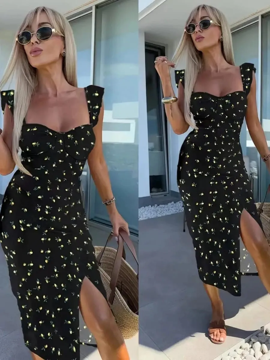 ใหม่ยุโรปและอเมริกาฤดูร้อนElegant Designพิมพ์Suspender Slit Midi-ความยาวสุภาพสตรีชุด