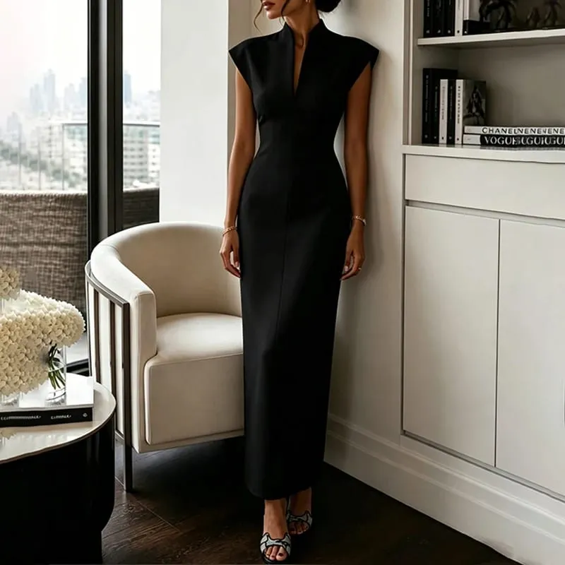 Robe de tempérament solide pour femmes, sans manches, Slim, col en V, taille haute, élégante, tenue de soirée formelle, Chic, nouvel arrivage 2026