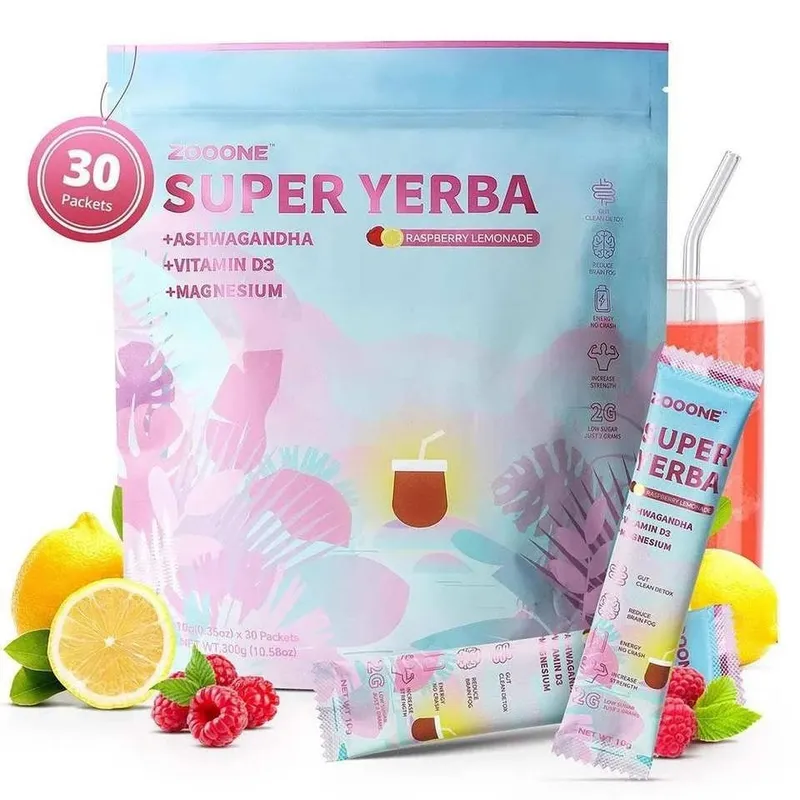 Super Yerba poudre de boisson instantanée 30 paquets avec de la vitamine probiotique Ashwagandha favorisent la santé intestinale de l'intestin et l'immunité de digestion