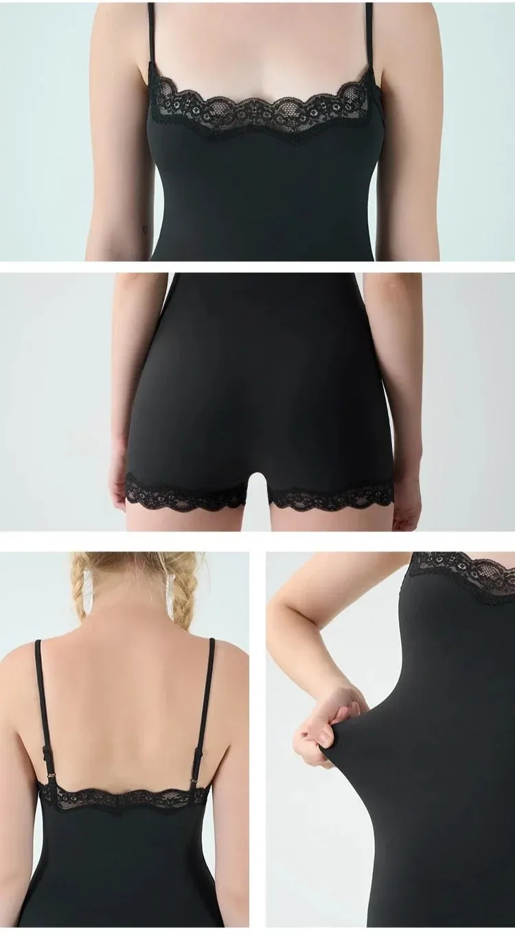 Pakaian Dalam Tali Spaghetti Leher Persegi Kemasan Renda Wanita Tanpa Lengan Slimming Bodycon Jumpsuit Romper — image 10