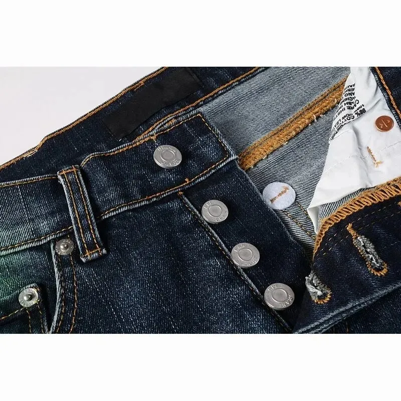 Lelaki Slim Tirus Vintaj Seluar Jeans Koyak Koyak Kecerunan Biru Hijau Merah Cat Percikan Butang Terbang High Street Fesyen Denim Pan — image 3