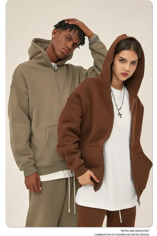 New Men Double Headed Zipper Fleece Hoodies Unisex Loose Basic Solid Warm Hooded Sweatshirts Coats For Winter HY0633