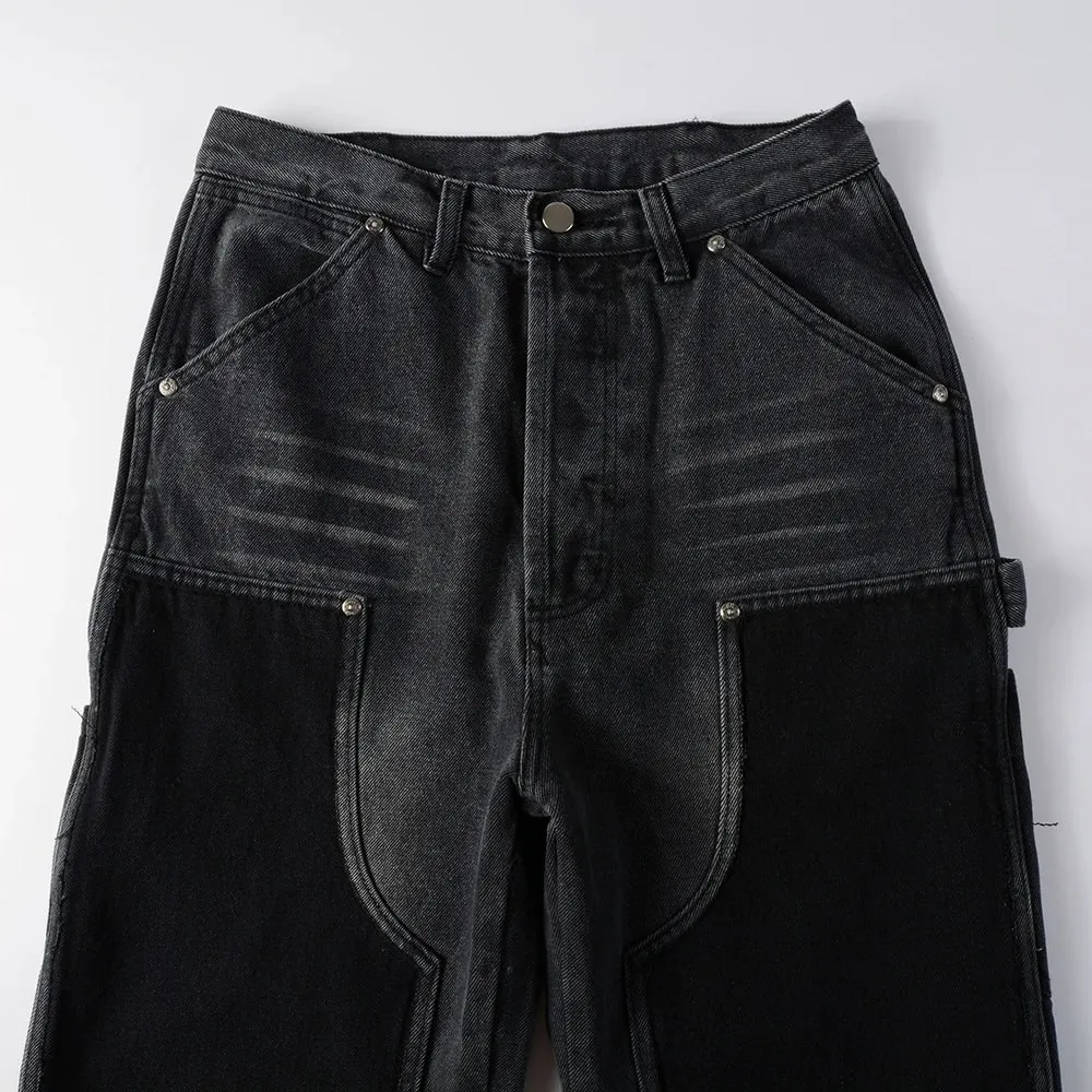 Mænd Patch Cargo Denim Jeans Streetwear Nitte Frigivet Hem Patchwork Bukser Knap Flue Løse Lige bomuldsbukser — image 3