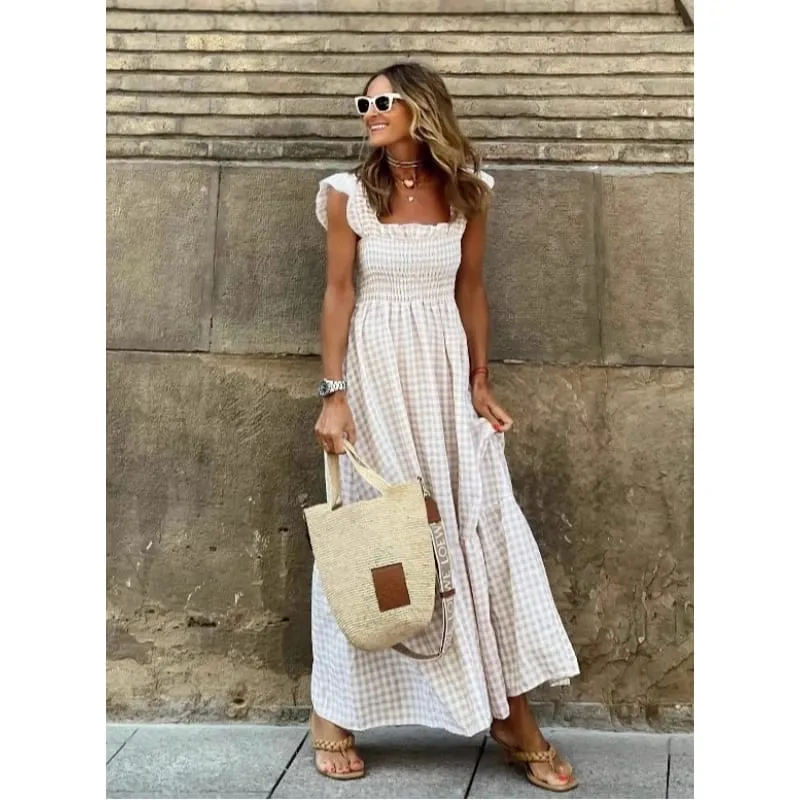 Elegante temperamento xadrez retalhos deslizamento boho vestido de verão plissado sem costas plissado cintura elástica balanço solto vestidos de festa — image 3