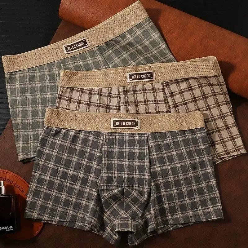 Shorts boxer retrô estampado xadrez masculino de 4 peças, roupa íntima macia, confortável e respirável, shorts boxer sem costura masculino — image 2
