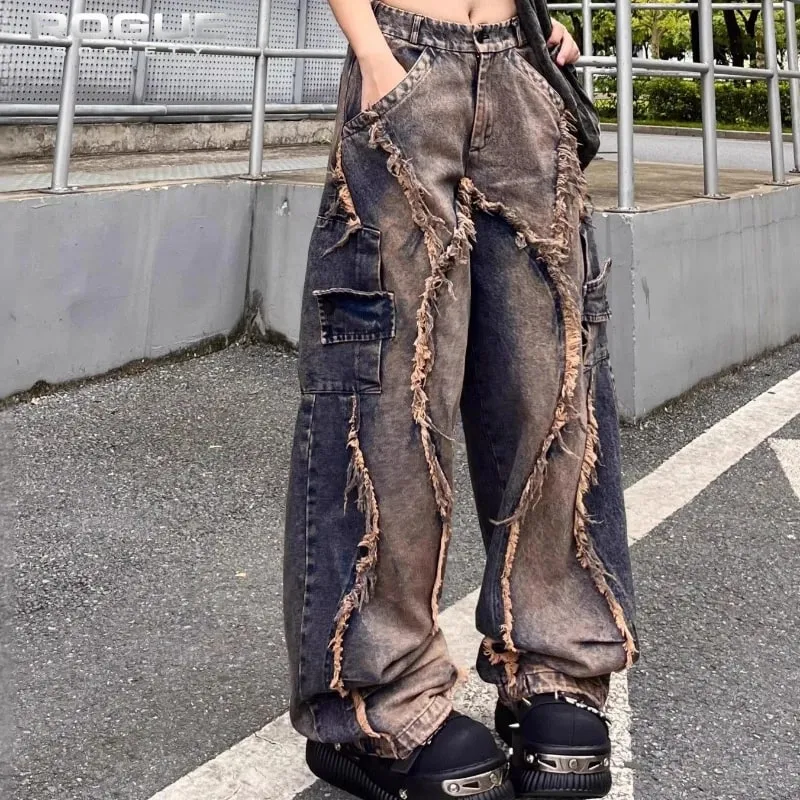 Y2K Grunge Deconstructed Distressed Farmer Uniszex Patchwork mosott széles szárú farmer nadrág Hip Hop utcai viselet Harajuku punk nadrág — image 3