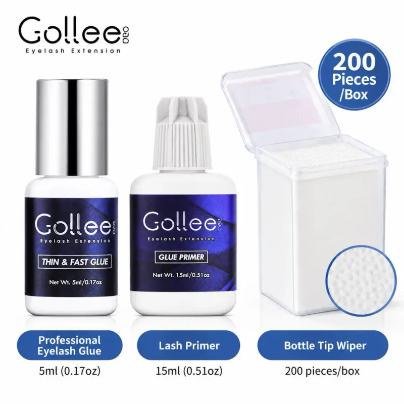 Gollee Wimpernverlängerungs-Kleber-Set, Wimpern-Primer, 3-in-1, dünn, schnell trocknend, 5 ml Kleber, 15 ml Primer, 200 Tücher, Lash Tech Salon-Set
