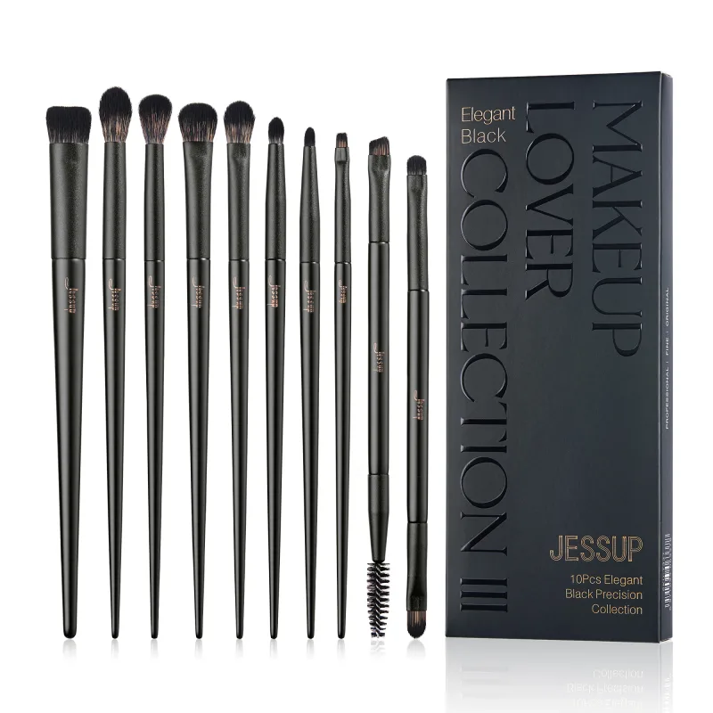 Zestaw pędzli do cieni do powiek Jessup 10 szt. Pędzel do oczu blendowanie cieni Flat Liner Crease Duo-end Brow Spoolie Broach elegancki czarny T337