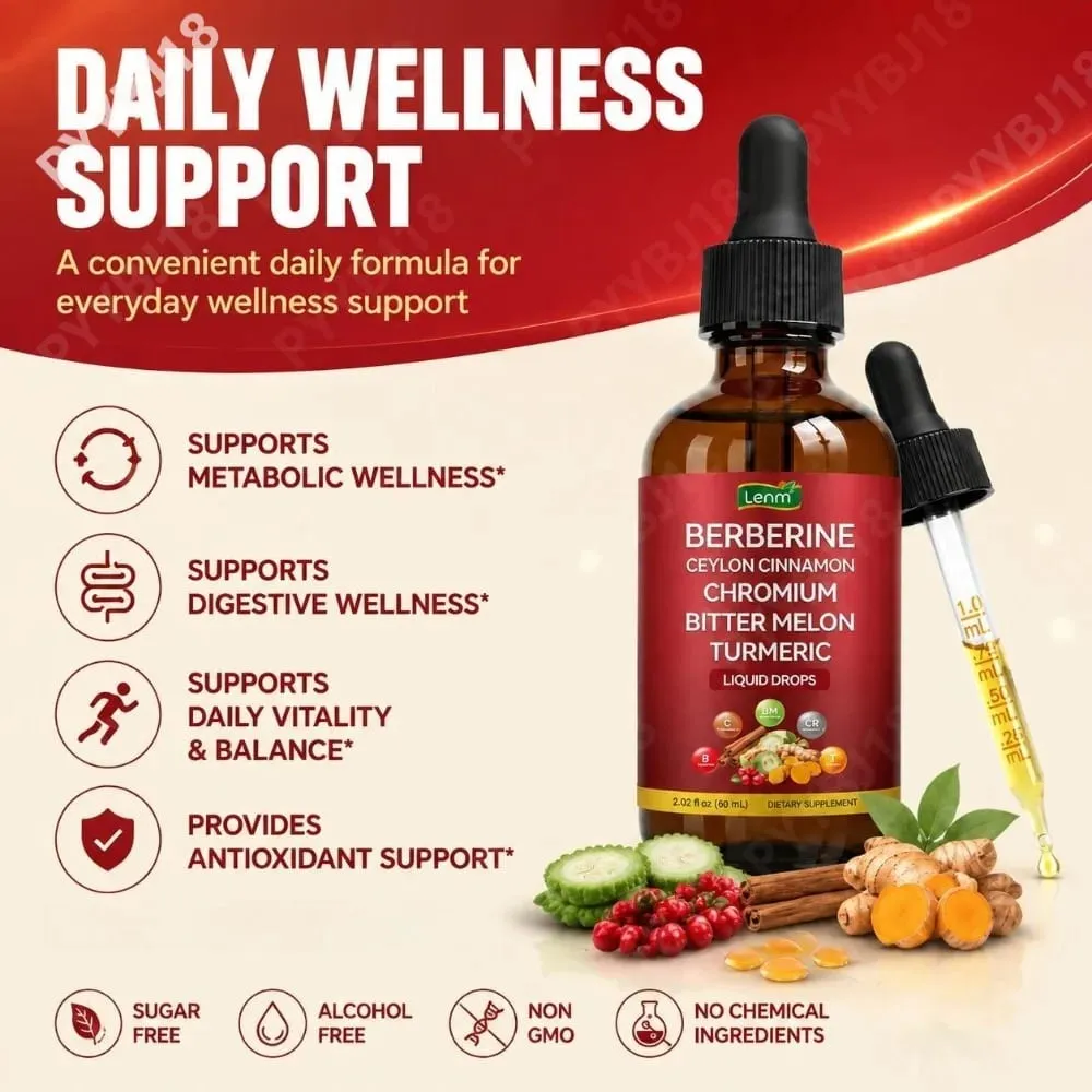 Berbérine Gouttes Liquides Chrome & Cannelle de Ceylan Soutient la Vitalité Bien-être Métabolique Santé Digestive Sans Sucre Sans OGM 60 ml — image 2