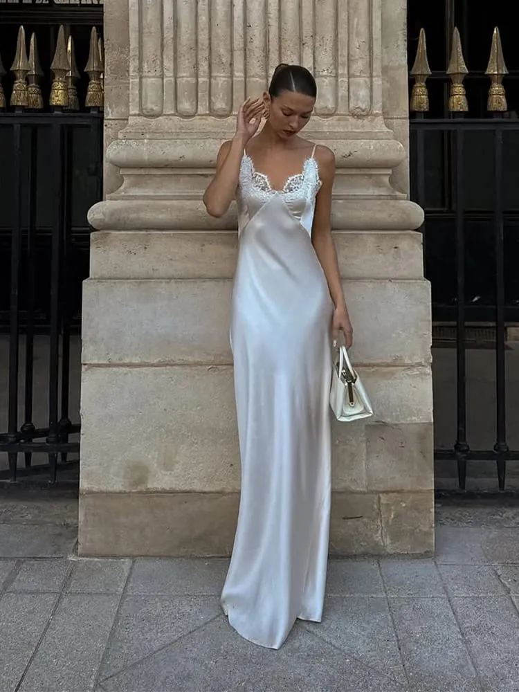 Koronkowa patchworkowa chusta damska sukienka seksowna solidna dekolt w serek bez rękawów Backless plama kobieca sukienka Maxi 2026 eleganckie letnie sukienki na przyjęcie — image 1