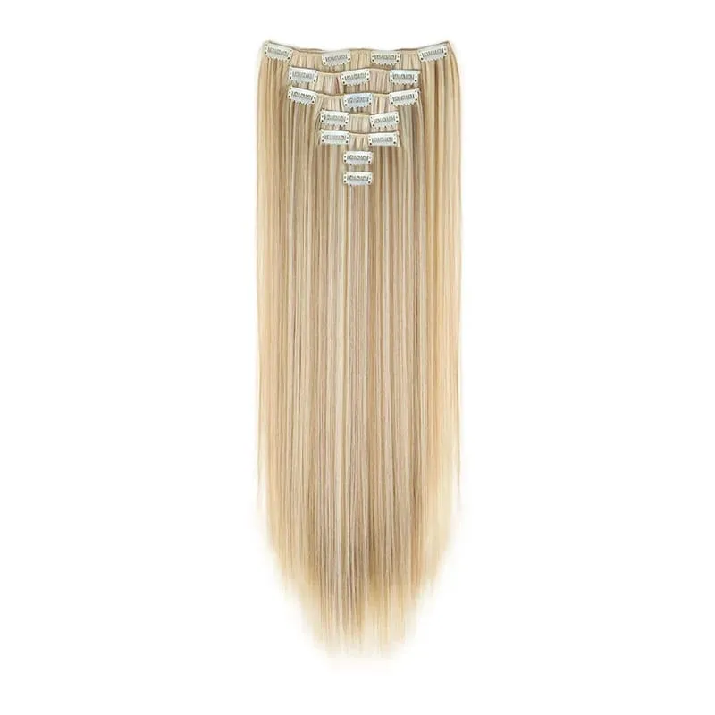 Coiffure longue droite 16 Clips 7 pièces/ensemble Extensions de cheveux postiches synthétiques blondes noires naturelles résistantes à la chaleur pour les femmes Kp — image 17