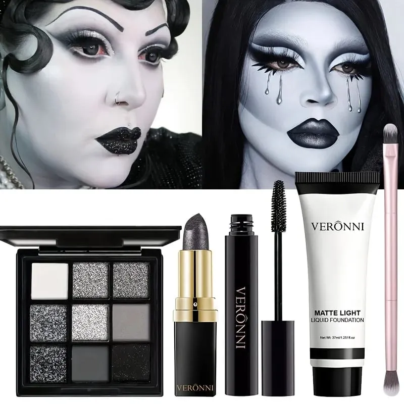 5pcs Halloween Dark Special Effects Makeup Set White Foundation Black Eyeshadow Black Lipstick Mascara & Makeup Brush for Party