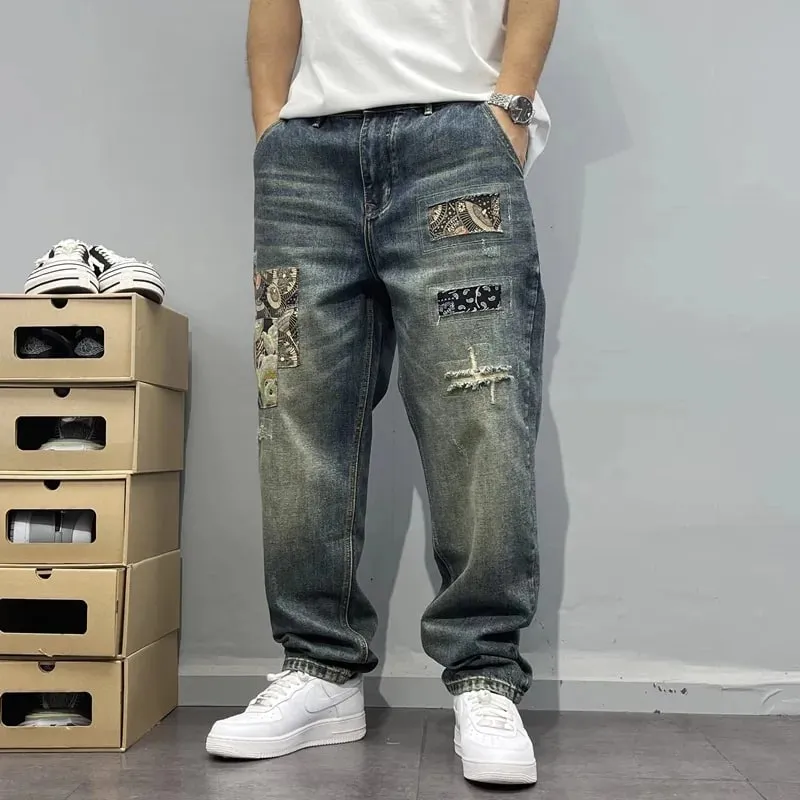 2025Heavy Duty Washed and Scraped Denim Men's Trendy High-end Embroidered Printed Loose Tapered Straight Leg Jeans — image 13