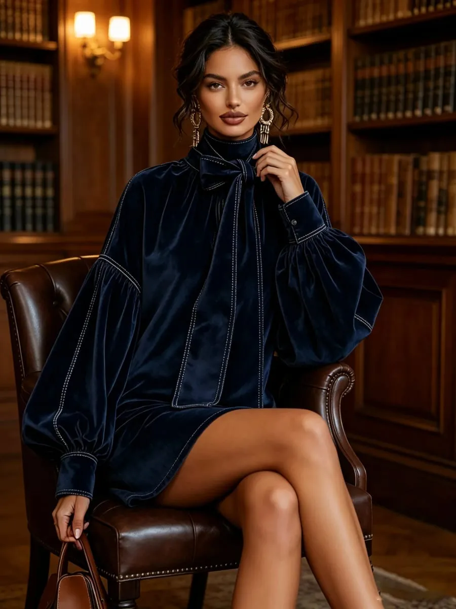 Américain rétro col haut lanterne manches longues nœud papillon élégant velours femmes Mini robes décontracté automne haute robe de rue — image 4