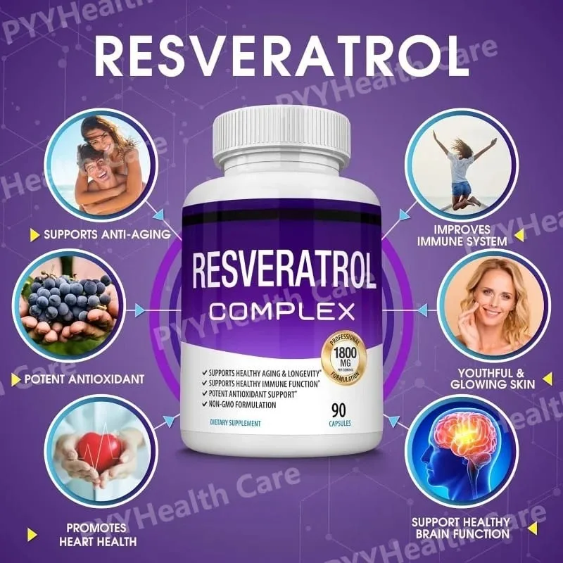 Resveratrol อาหารเสริม 1800 Mg สารต้านอนุมูลอิสระ Complex สำหรับ Healthy Aging สุขภาพสนับสนุนระบบภูมิคุ้มกันสำหรับผู้ชายผู้หญิง 90 แคปซูล — image 2