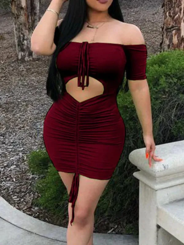 Sexy Off Shoulder Front Hollow Out Drawstring Elastic Slim Bodycon Dress Women Skinny Mini Dress Evening Club Party Vestidos