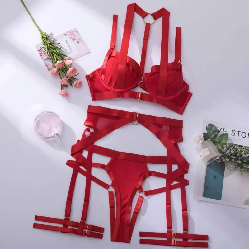 Bra + Celana Dalam + Garter + Lingkar Paha Hitam Merah Berongga Transparan Set Pakaian Dalam Wanita Seksi Setelan Lingerie Push Up — image 8