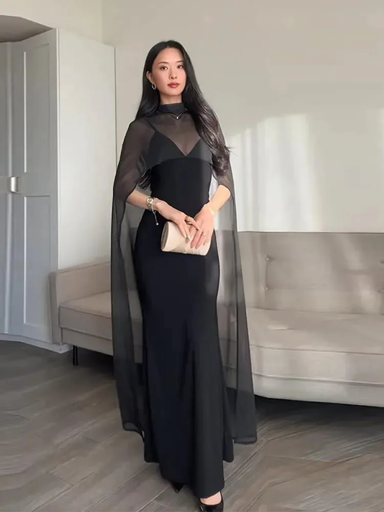 Sheer Cape ผู้หญิงชุดราตรี Elegant Slim V คอแขนกุดสะโพกชุดผู้หญิง 2026 Lady Party Vestidos — image 2