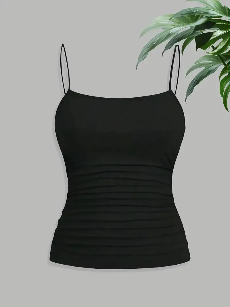 Femmes élégant mince sangle froncé Cami haut coupe ajustée sans manches Camisole doux extensible basique débardeur été sous-vêtements tendances Blac — image 3