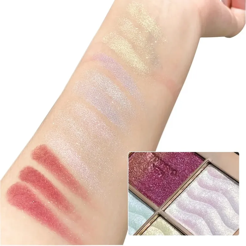Palet Eyeshadow 4 Warna Herorange dengan Kuas Glitter Warna-warni Berkilau Multi-guna sebagai Sorotan & Perona Pipi untuk Pesta & Hadiah Sehari-hari — image 6