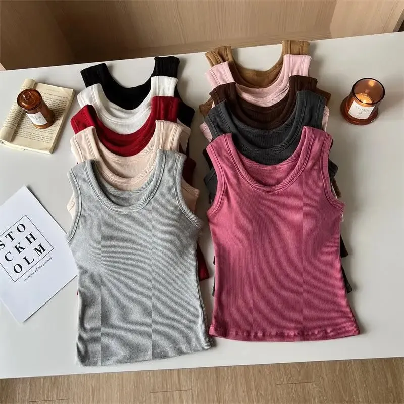 Frauen Einfarbig O Hals Rippen Tank Top Breite schulter Gurt Leibchen 2025 Sommer herbst Grundlegende Leibchen Elastische Tank Tops